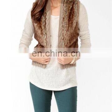 2015 women fashion dyed color rabbit fur & cable knit vest