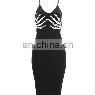 Dropshipping Clothing Sexy Black Strap Skeleton Print Bodycon Bandage Dress Women Dresses photo-4