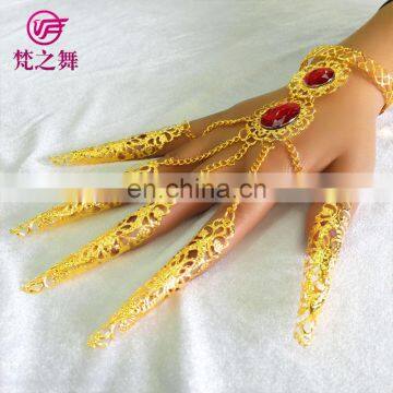 Tribal indian style stage gold long belly dance finger ring bracelet jewelry P-9042#