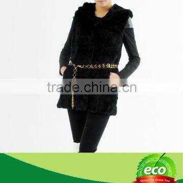 Hot Selling Black Rex Rabbit Fur Coat for Women Sleeveless Long with cheap Price