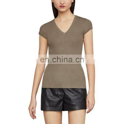 Factory Price New Style 95% Cotton 5% Spandex Women T Shirt / Custom Blank Khaki Color Short Sleeve Women T-shirt