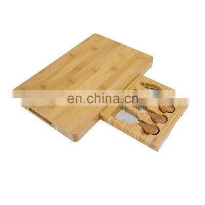 Eco-friendly Classic Rectangular Bamboo Cheese Cutting Board Kitchen Chopping Board Knife Set with Removable Drawer