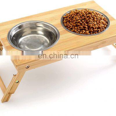 Pet Bowls for Dogs and Cats, Adjustable Elevated Dog Bowls for Small and Medium Size Dog, Food Water Bamboo Feeder with Stand