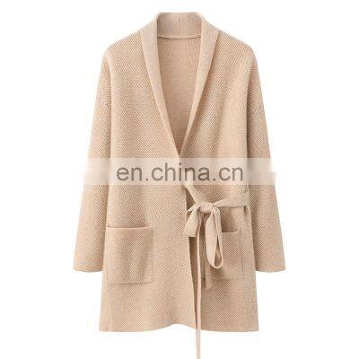 Luxury 100% Knitted Mid-Length Coat for Ladies Thick Cashmere Cardigan with Belt