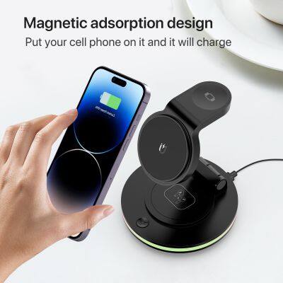 Rotatable Led Colourful Foldable 3-1 Mini Multifunction 3 In 1 Foldable Black Wireless Charger photo-2