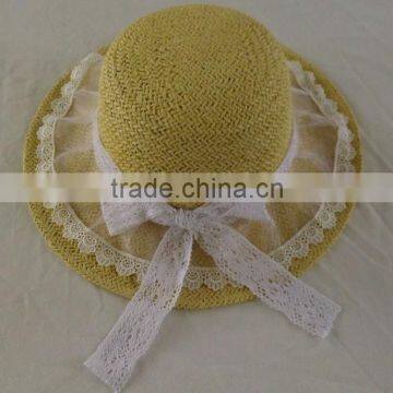 fashion lady straw bucket sun hat with flowery lace