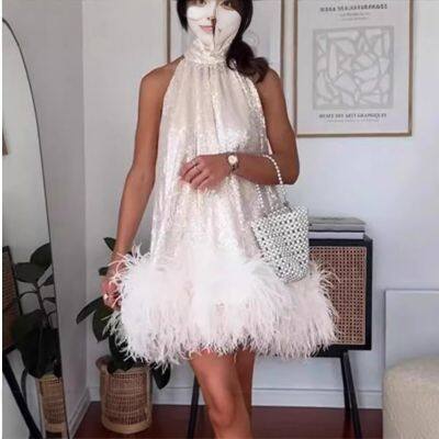 Spring New Arrival Women's Dress With Fringe and Sequins Halter Neck Skirt photo-3