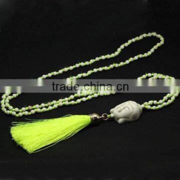 NE2309 Hot sale knotted buddha necklace with neon yellow tassel