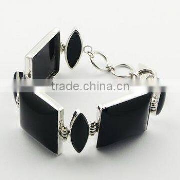 Black Agate Gemstone Mixed Shapes Sterling Silver Bracelet