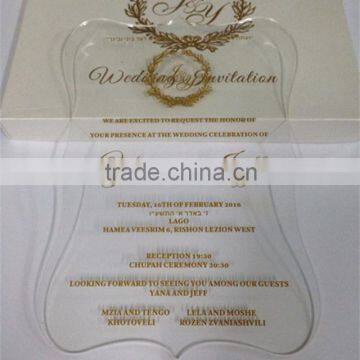 Hot sale elegant transparent acrylic wedding invitations with golden silk screen printing                        
                                                Quality Choice