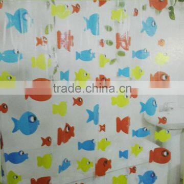 Transparent plastic shower curtain with printed colorful fishes
