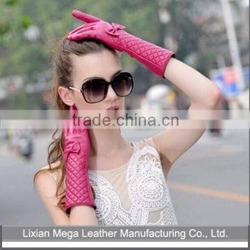 New Winter Fashion Ladies 40CM in Length Women Long Leather Bowknot Gloves pink color