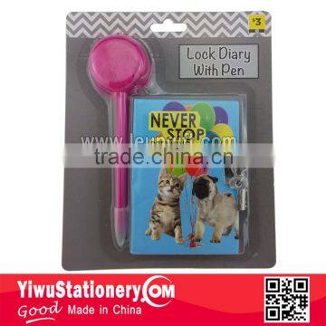 Cat and Dog Printing Mini Lock Diary With Pom Pom Pen