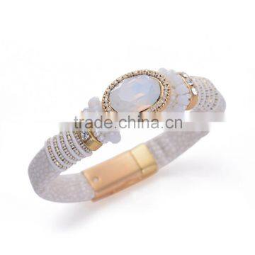 White leather bracelet new arrival glass beads bracelet high quality black blue brown pink leather bangles