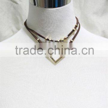 Gold Metal Square Double Layered Triple Pendant Necklace Brown Suede Necklace 2016 Fashion Style Wholesale