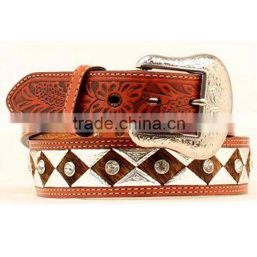 Western Men Concho Belt Rodeo Leather Hair Floral Emboss Strap