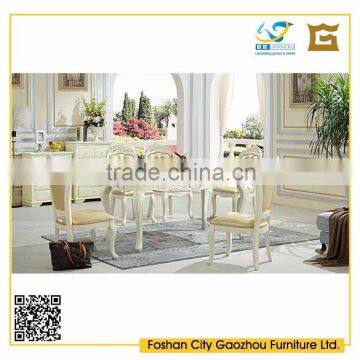 European style home furniture marble top wooden dining table with white wood carved leather chair