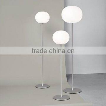 modern floor lamp in polished Satin nickel chrome finish with opal white glass ball