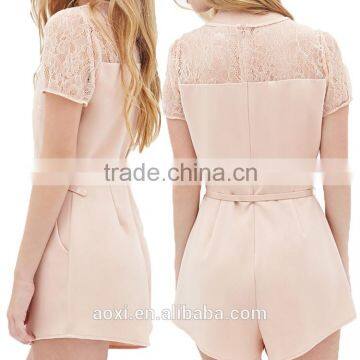 Pink wrinkled round neckline short sleeve belt waist short jumpsuit