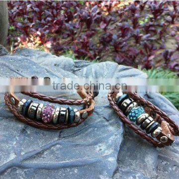 China Style Maked Leather Beaded Bracelets With Crystal Bead