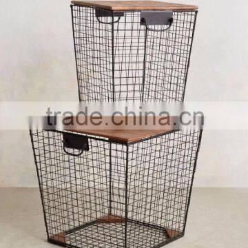 Storage Basket Side Table With Wood Top Multipurpose Side Table