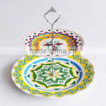 2 Layers Round Porcelain Cake Plate, 2pcs Set Plate With Decal and Iron Holder photo-4