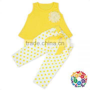 Yellow Color Tank Shirt With Flower Decoration Polka Dot Pants Kids Clothes Clothing Set Baby Girl Clothes Summer Clothing Sets