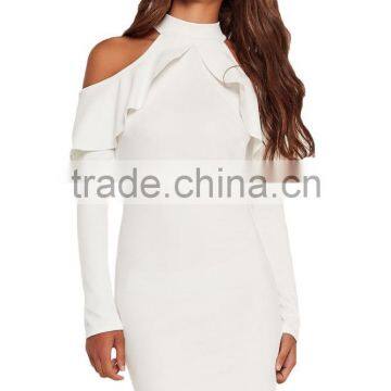 Women Frill Cold Shoulder Long Sleeve Mini Short Bodycon Club Dress White photo-2