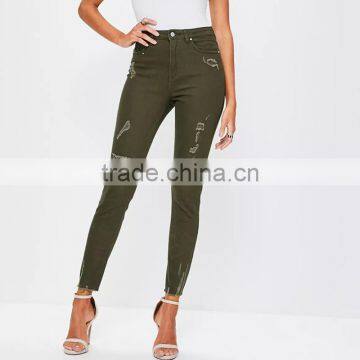 Custom Women High Waist Skinny Pants Khaki Damaged Denim Jeans Wholesale Direct Factory photo-2