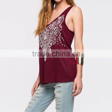 Cotton Tank Top Backless Hollow Printed Floral Wine Red Sold By PC photo-2