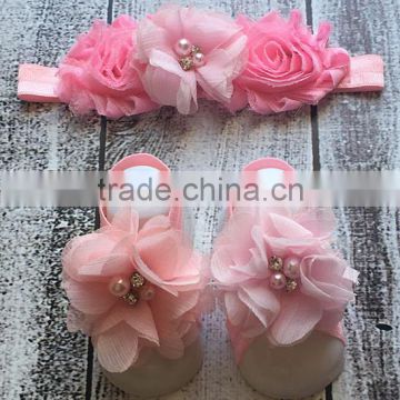 Fashionable Baby Girl Clothing Set Pink Flower Headband And Barefoot Sandal Set For Infant Fancy Kids Wear NP-G-CS905-29