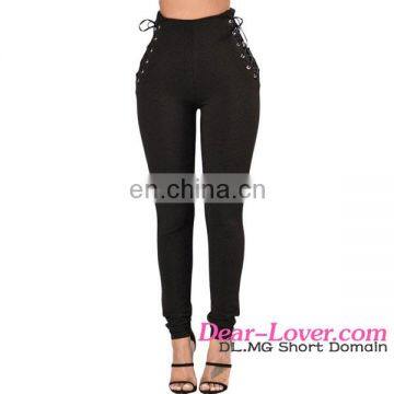 Wholesale Sexy Grommet Lace Up Sides Black Skinny Tights Woman Leggings