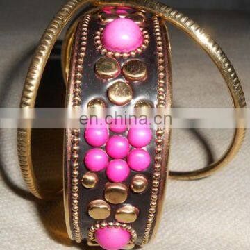 Beautifully Fuschia Colour Floral Brass Bangles