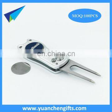 Golf club quality silver folding pitch fork with enamel ball markers