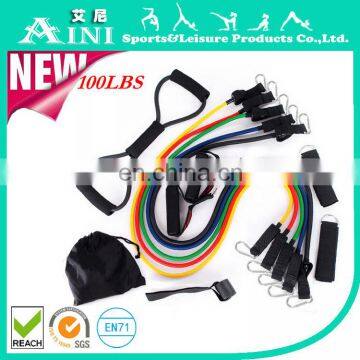 2016 Eco-friendly best quality hotsale 11pcs resistance band set,exercise with resistance bands,leg resisttancetube