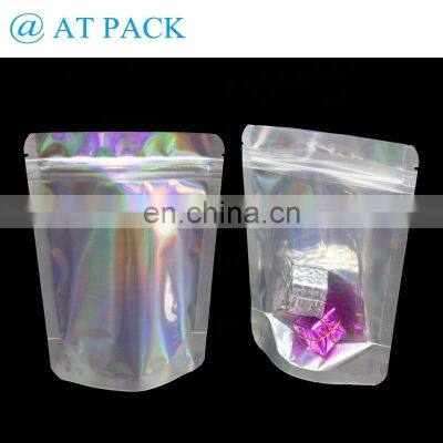 Glossy holographic stand up bag laser plastic packaging bag with zipper and window