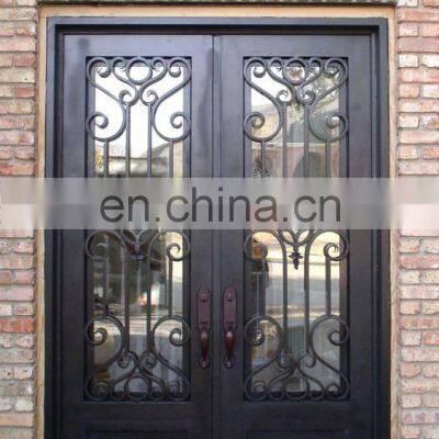 Used Entry Double Leaf Glass Main Front Gate Wrought Iron Door With Transom