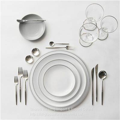 Hot Sale Simple Design Silver Rim White Ceramic Charger Plate Porcelain Coffee Cup Bowl Dinner Soup Plate Bone China Dinner Set