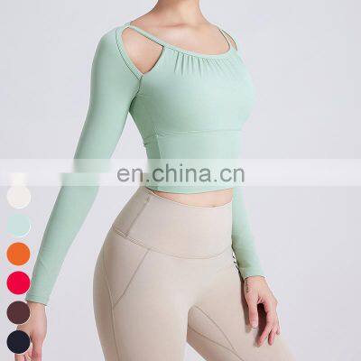 Quick Dry Hollow Out Slim Running Clothing Fixed Cup Sports Bra Tops Gym Fitness Long Sleeve Crop Top Yoga Tshirt For Women photo-5