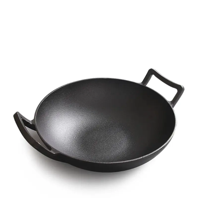 Chinese Traditional black round pre-flavored Non Stick pan 32/36cm thickened flat cast iron wok with double handle
