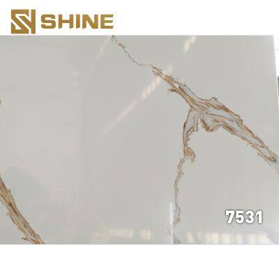 White Calacatta Quartz Stone Slab Artificial with Golden Veins for Living Room Countertop and Vanity Top for Home Use