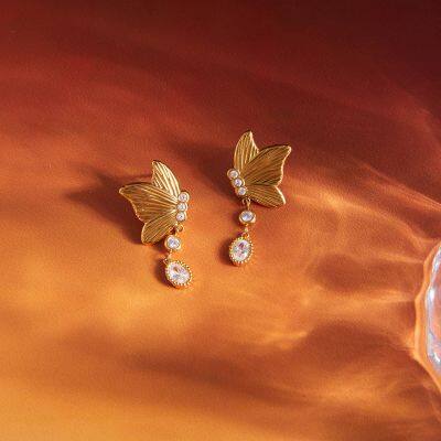 Gold Plated Stainless Steel Butterfly Drop Earrings for Women CZ Stone Dangle Earrings Waterproof Hypoallergenic Jewelry Wholesale photo-5