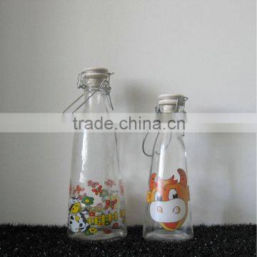 FANCY CARTOON GLASS MILK BOTTLES WITH SWING TOP