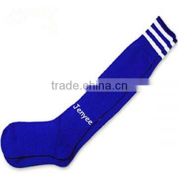 Blue football socks with white strips