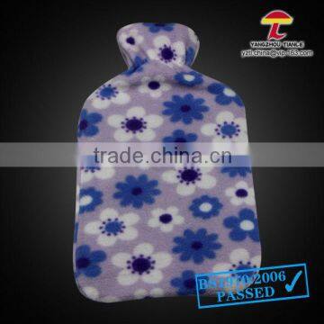 BS standard natural rubber hot water bottle with blue sunflower fleece cover