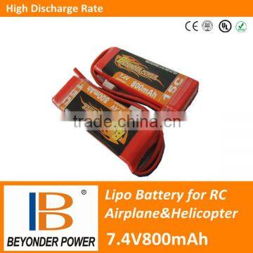 RC toy,helicopter battery, 7.4V800mAh li polymer recharge battery with high discharge C rate