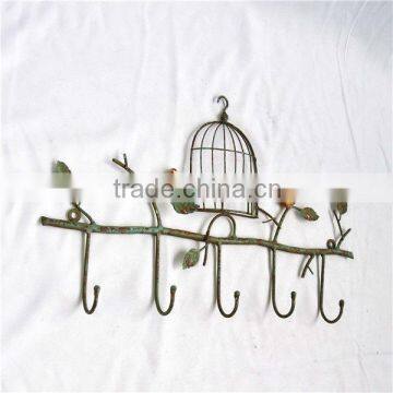 13A062NAA-metal wall hooks with bird cage decor