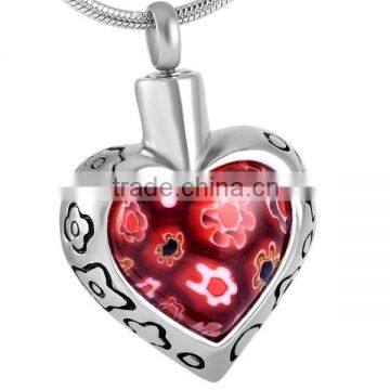 SRP8367-Red Golden China Wholesale Cremation Necklace Heart Murano Glass Stainless Steel Cremation Urn Pendant
