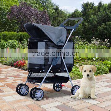 Pawhut Gray 4 Wheels Pet Stroller Awning Trolley Pushchair Carrier Dog Cat Foldable Buggy