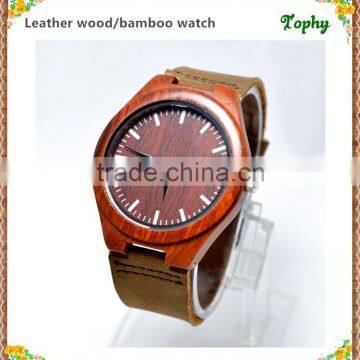 Dark Brown geniune leather wooden watch, Quartz men wood watch